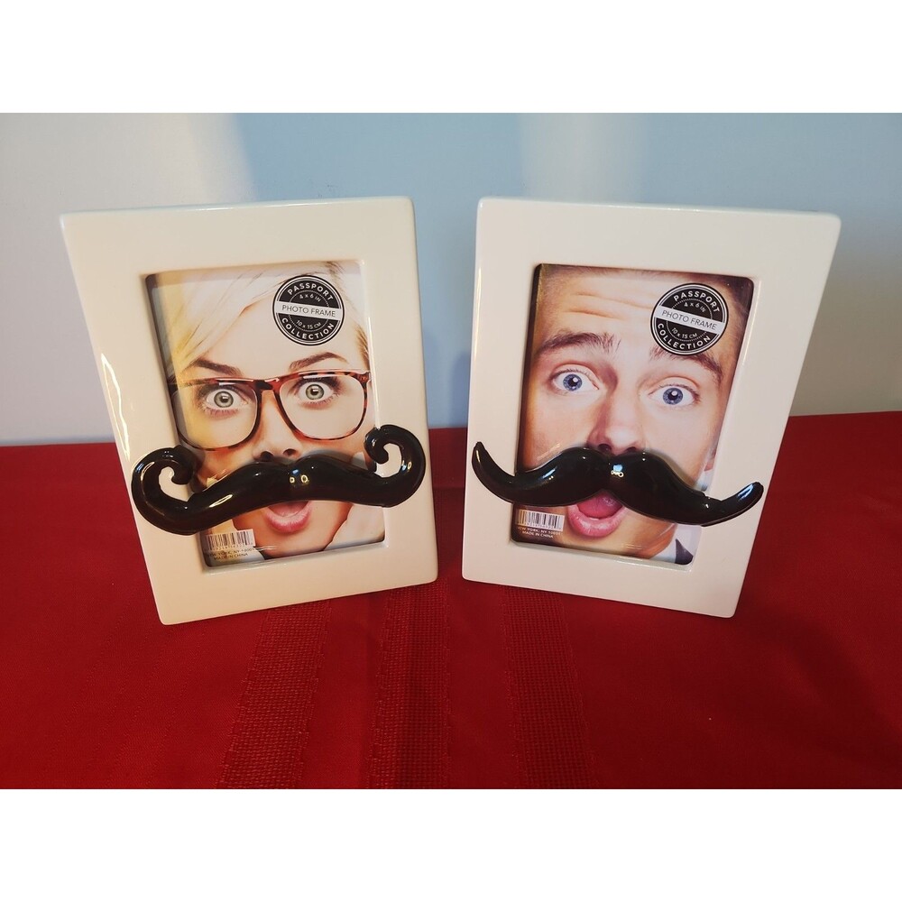 Vintage "My Stache" Novelty Ceramic 4x6 Picture Frames (Set of 2) Mustache